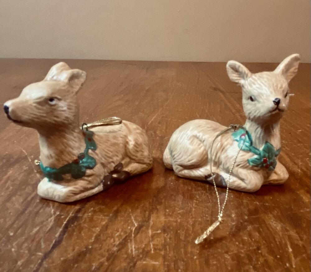 2 Ceramic Ornaments Deer Vintage Christmas Tree Hanging Holly Wreath 3” Cottage
